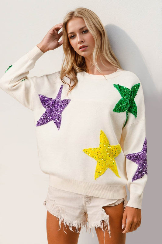 Double Take Sequin Star Round Neck Dropped Shoulder Sweater - Hovatok