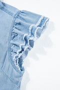 Button Down Raw Hem Ruffled Denim Shirt - Hovatok