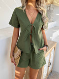 Devine Tied V-Neck Short Sleeve Top and Shorts Set - Hovatok