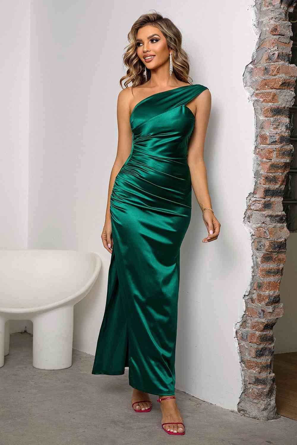 One-Shoulder Ruched Slit Maxi Dress - Hovatok