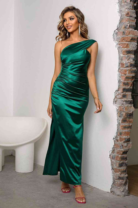 One-Shoulder Ruched Slit Maxi Dress - Hovatok