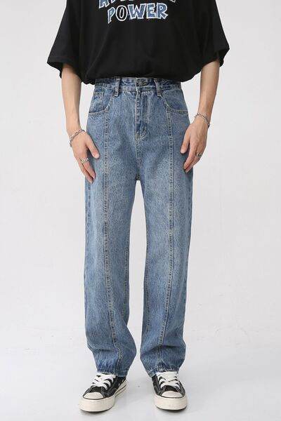 Men's Washed Splicing Straight Leg Jeans - Hovatok