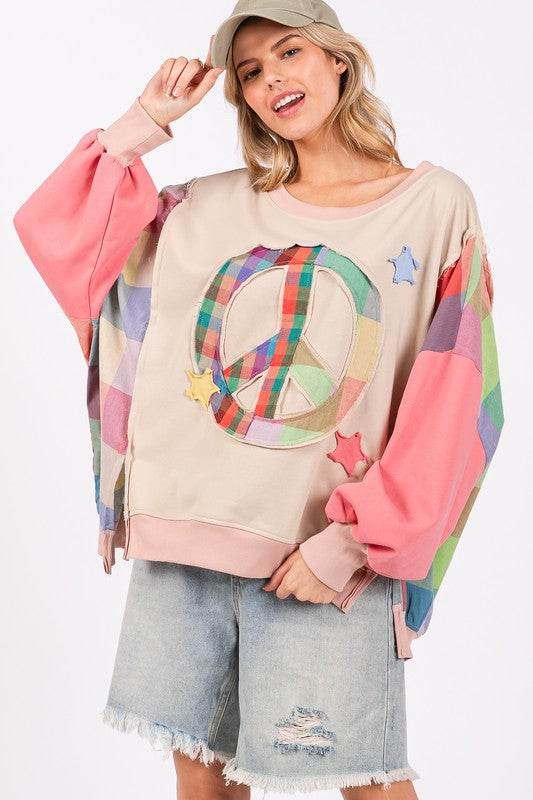 SAGE + FIG Full Size Contrast Peace Patch Dropped Shoulder Sweatshirt - Hovatok