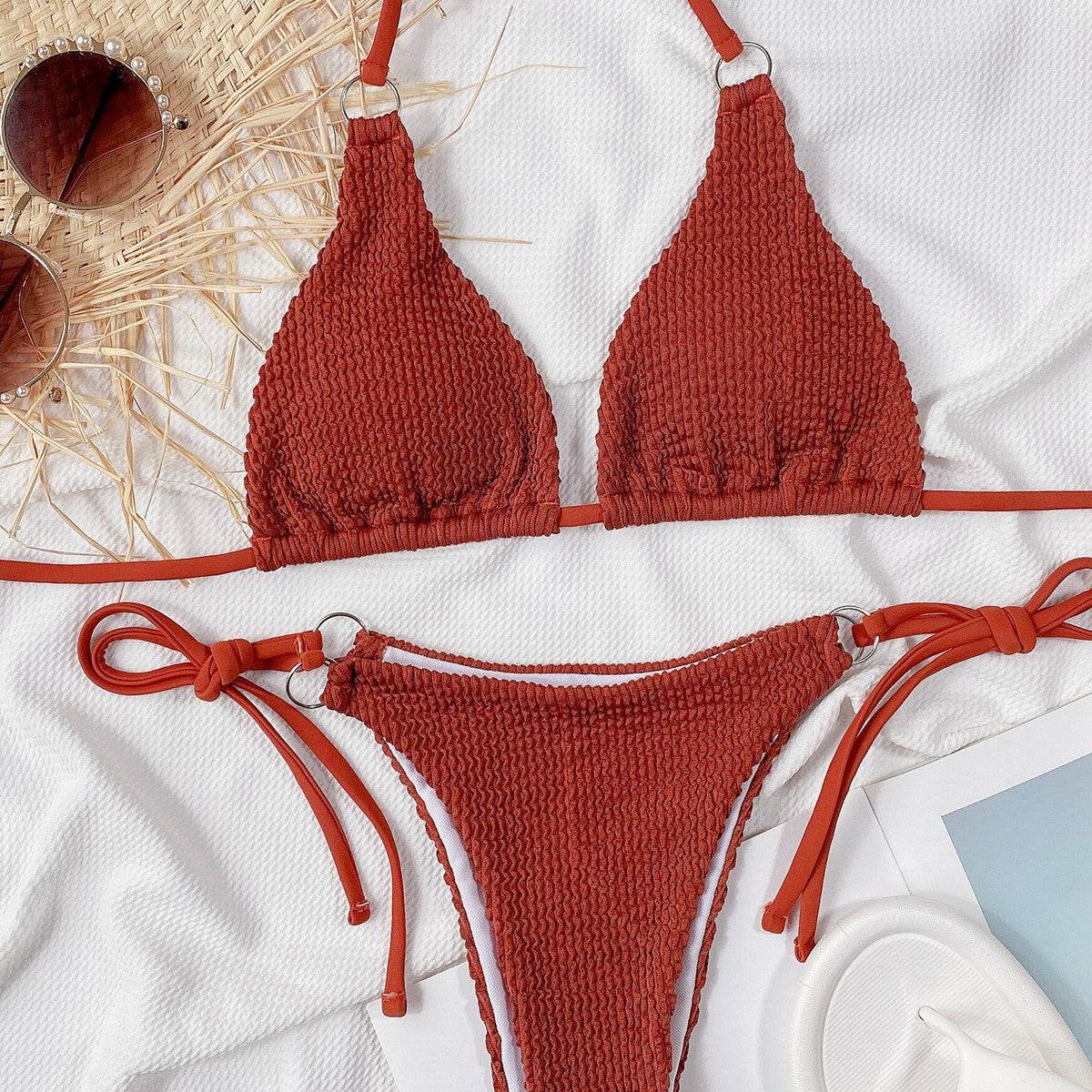 Textured Halter Neck Tie Side Bikini Set - Hovatok
