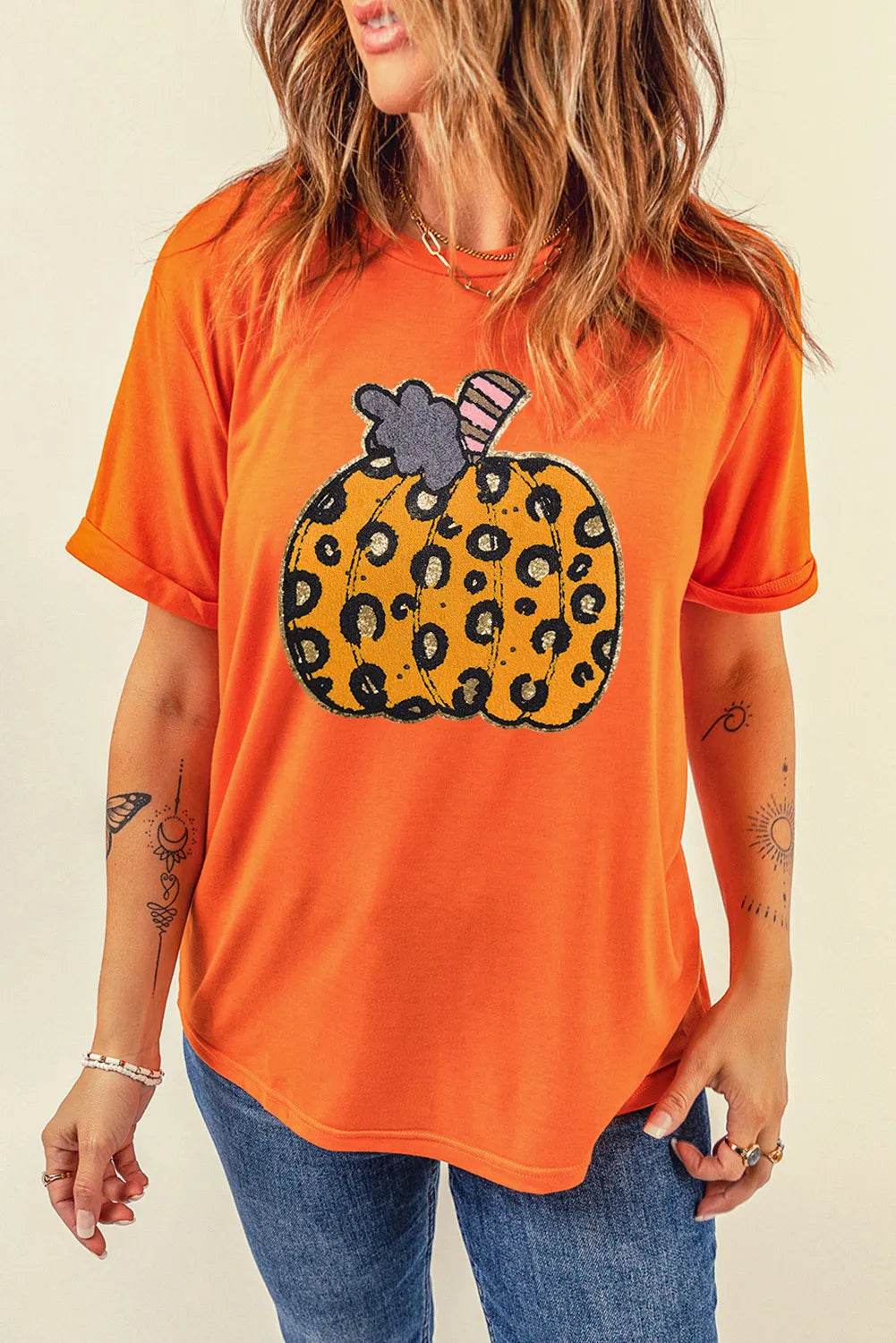 Pumpkin Round Neck Short Sleeve T-Shirt - Hovatok