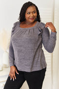 Double Take Square Neck Ruffle Shoulder Long Sleeve T-Shirt - Hovatok