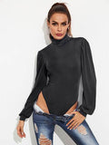 Backless Tie-Waist Turtleneck Lantern Sleeve Bodysuit - Hovatok