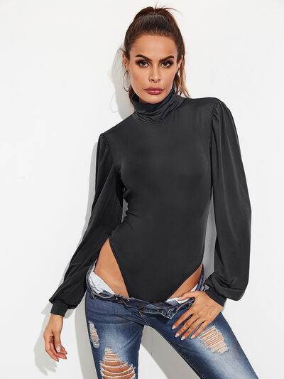 Backless Tie-Waist Turtleneck Lantern Sleeve Bodysuit - Hovatok
