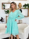 Double Take Full Size Printed Ruched V-Neck Long Sleeve Dress - Hovatok