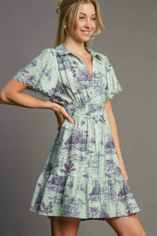 Umgee Full Size Landscape Print Collared Mini Dress Plus Size - Hovatok