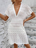Openwork Plunge Short Sleeve Cover-Up Dress - Hovatok
