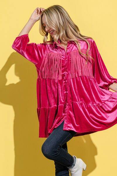 And The Why Fringe Detailed Velvet Shirt Dress - Hovatok