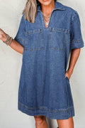 Short Sleeve Collared Patched Pocket Denim Mini Dress - Hovatok