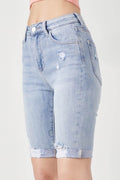 RISEN High Rise Distressed Denim Bermuda Shorts - Hovatok
