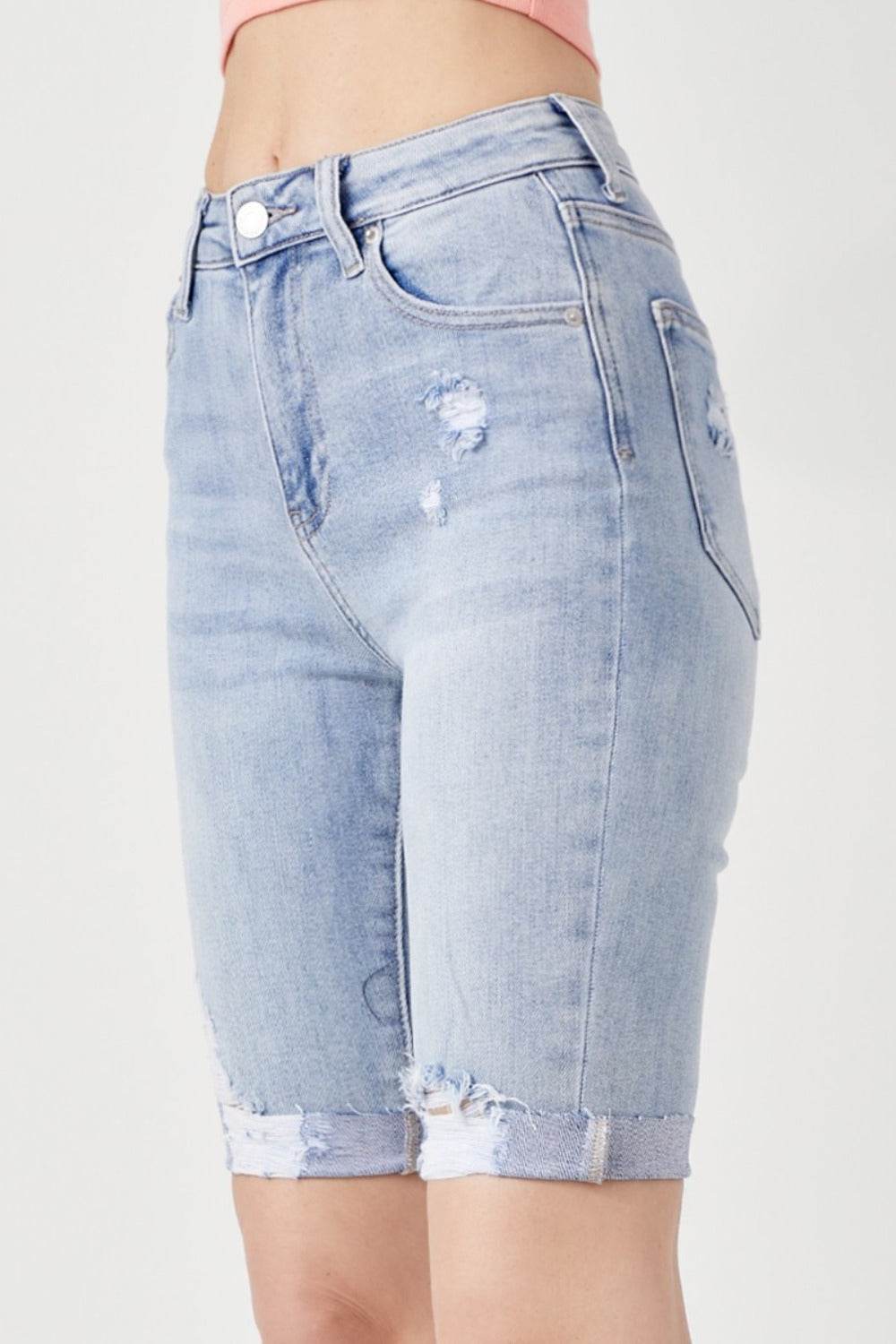 RISEN High Rise Distressed Denim Bermuda Shorts - Hovatok