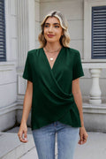 Solid Color Surplice Short Sleeve Blouse - Hovatok