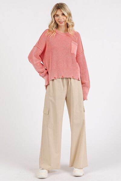 Mittoshop Distressed Hem Round Neck Dropped Shoulder Sweater - Hovatok