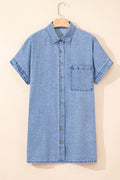 Button Down Short Sleeve Denim Dress - Hovatok