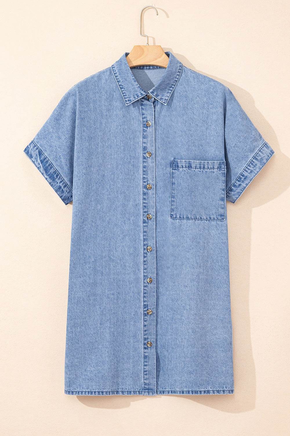 Button Down Short Sleeve Denim Dress - Hovatok