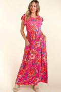 Haptics Floral Ruffled Round Neck Cap Sleeve Dress - Hovatok