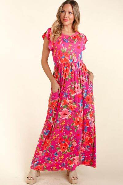 Haptics Floral Ruffled Round Neck Cap Sleeve Dress - Hovatok