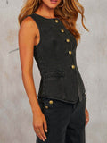 Button Down Vest and Wide Leg Jeans Denim Set - Hovatok