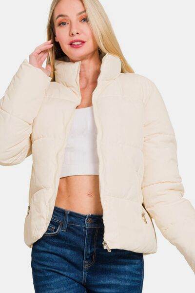Zenana Zip Up Turtleneck Puffer Jacket with Pockets - Hovatok