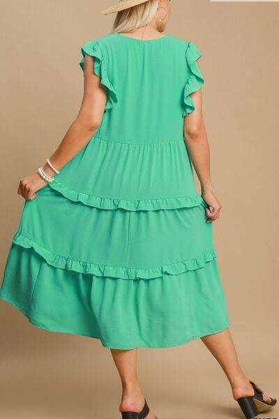 Umgee Full Size Ruffle Tiered Cap Sleeve Midi Dress Plus Size - Hovatok