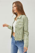RISEN Full Size Raw Hem Button Up Cropped Denim Jacket Plus Size - Hovatok