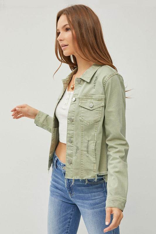 RISEN Full Size Raw Hem Button Up Cropped Denim Jacket Plus Size - Hovatok