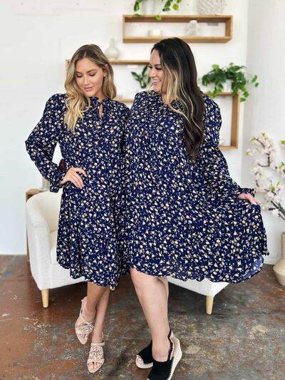 Double Take Full Size Printed Ruffle Hem Long Sleeve Tiered Dress - Hovatok