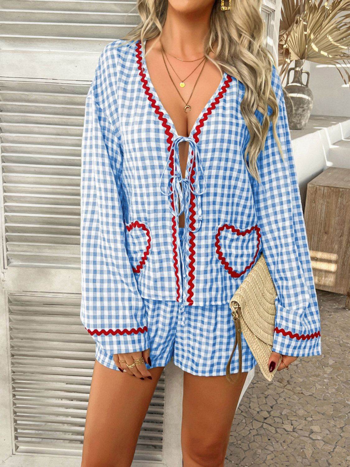 Devine Tie Front Contrast Plaid Shirt and Shorts Set - Hovatok