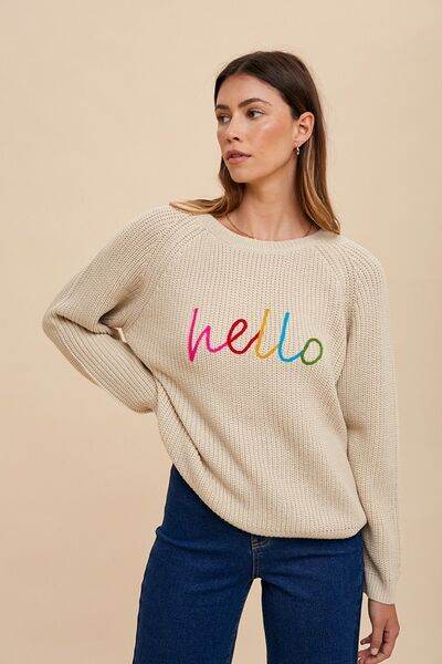 Annie Wear HELLO Embroidered Raglan Sleeve Sweater - Hovatok