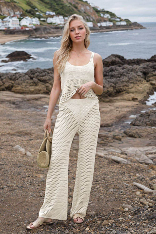 Hollow Out Round Neck Top and Pants Sweater Cover Up Set - Hovatok