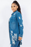 American Bazi Distressed Button Up Long Sleeve Denim Jacket - Hovatok