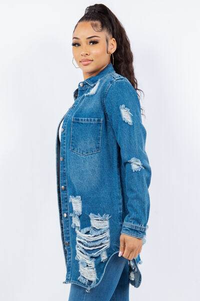 American Bazi Distressed Button Up Long Sleeve Denim Jacket - Hovatok