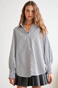 ADORA High-Low Striped Button Down Smocked Lantern Sleeve Shirt - Hovatok