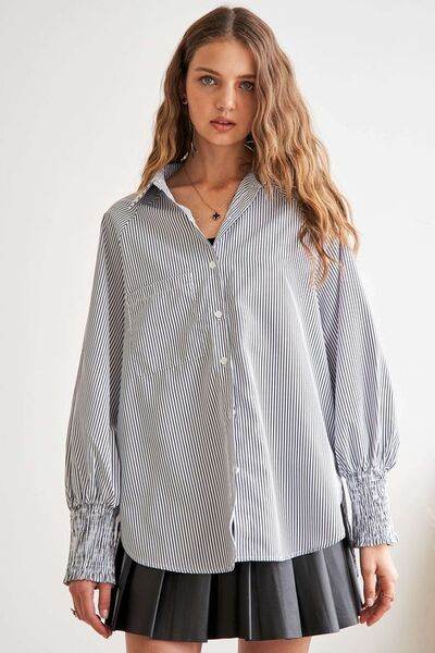 ADORA High-Low Striped Button Down Smocked Lantern Sleeve Shirt - Hovatok