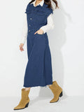 Slit Half Button Collared Neck Cap Sleeve Denim Dress - Hovatok