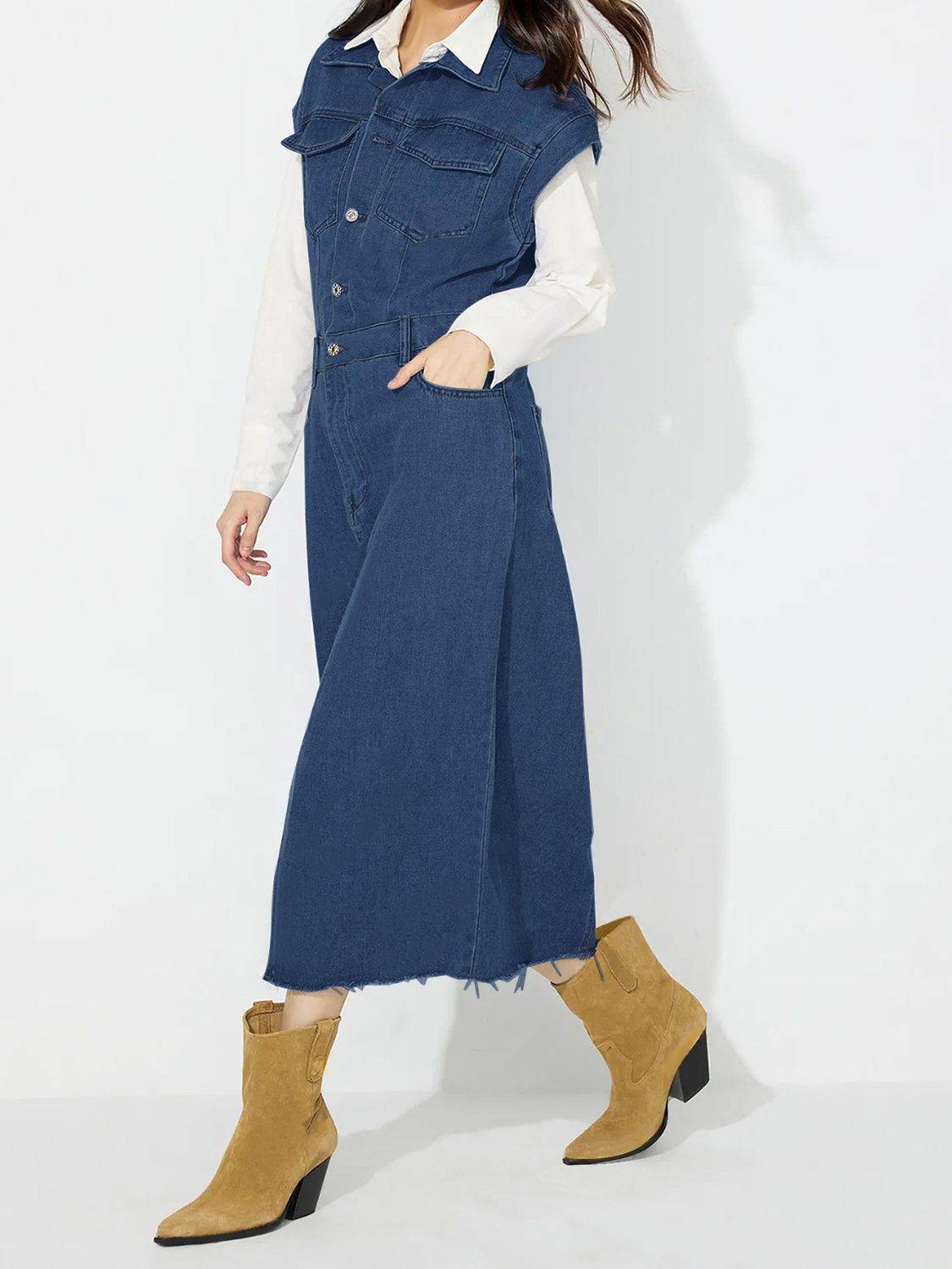 Slit Half Button Collared Neck Cap Sleeve Denim Dress - Hovatok