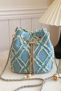 Chain Drawstring Raw Edge Denim Bucket Bag - Hovatok