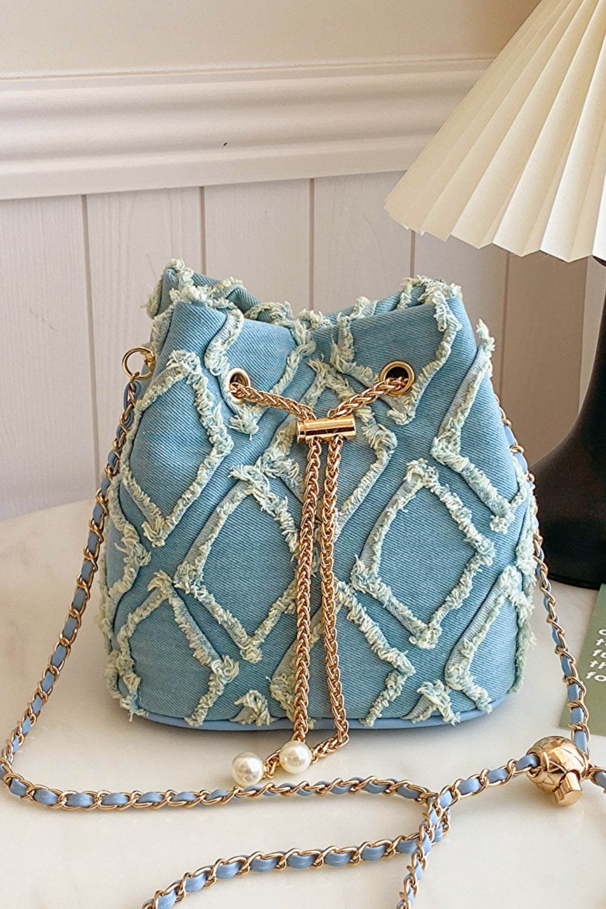 Chain Drawstring Raw Edge Denim Bucket Bag - Hovatok
