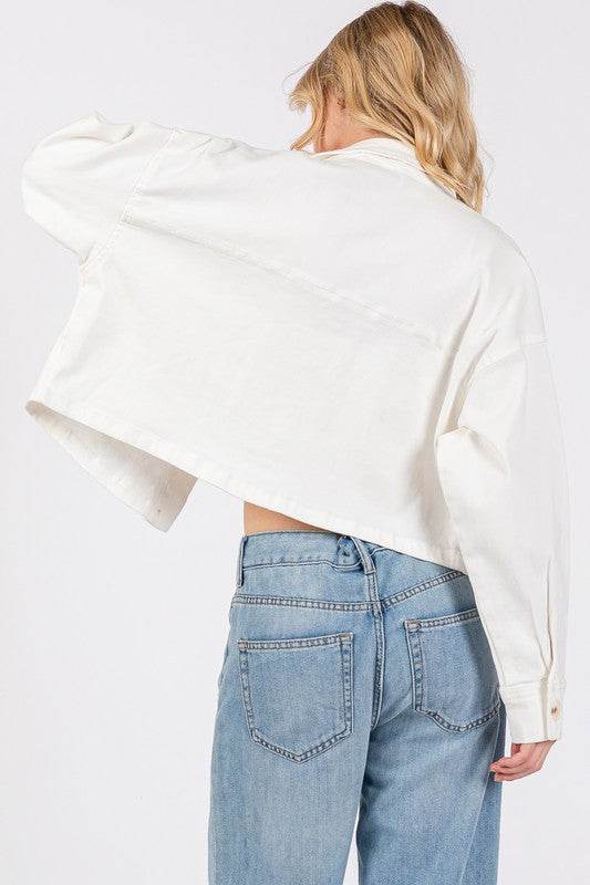 bytos Button Down Cropped Denim Jacket with Patch Pockets - Hovatok