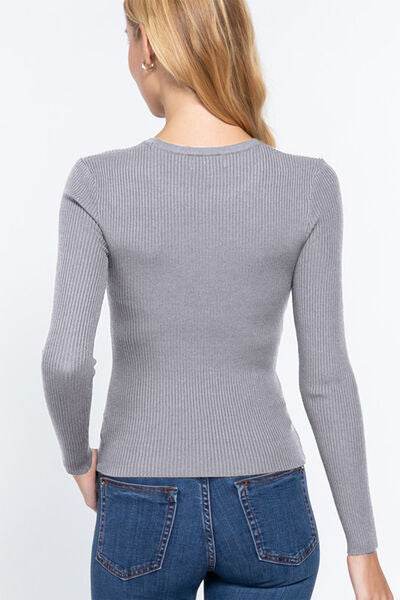 ACTIVE BASIC Full Size Ribbed Round Neck Long Sleeve Knit Top - Hovatok