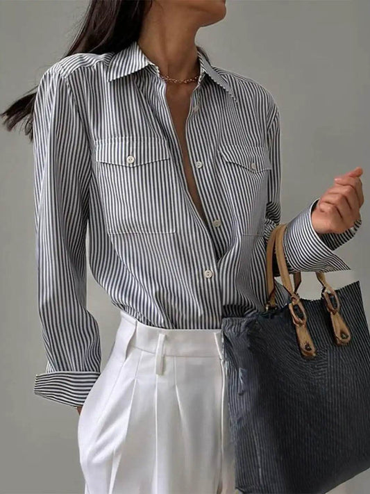 Devine Striped Collared Neck Long Sleeve Shirt - Hovatok