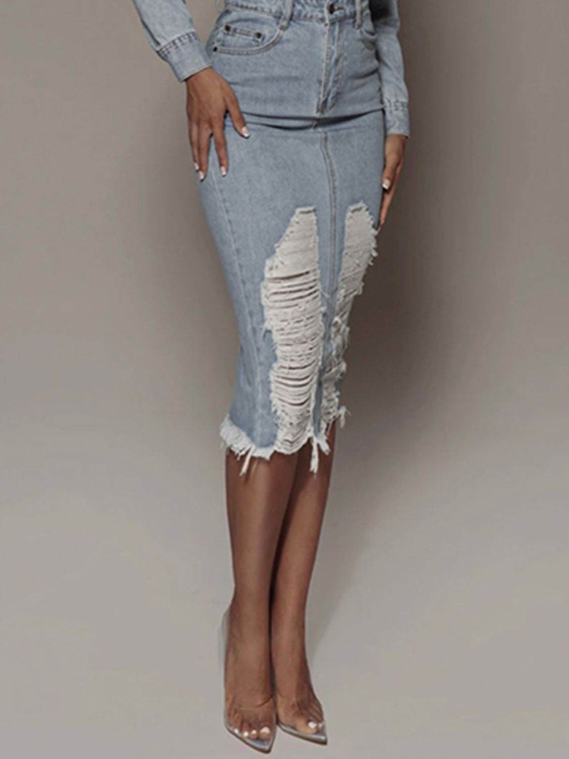 Distressed Slit Denim Skirt - Hovatok