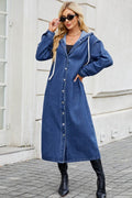 Button Up Long Sleeve Longline Hooded Denim Outerwear - Hovatok