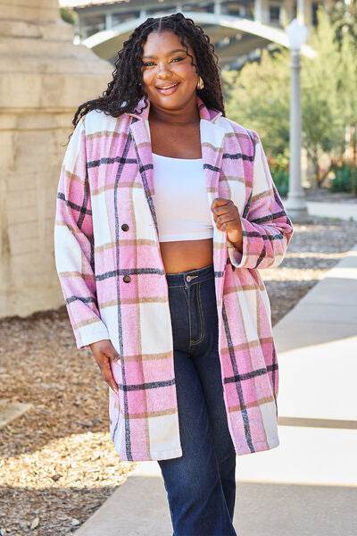 Double Take Full Size Plaid Button Up Lapel Collar Coat - Hovatok