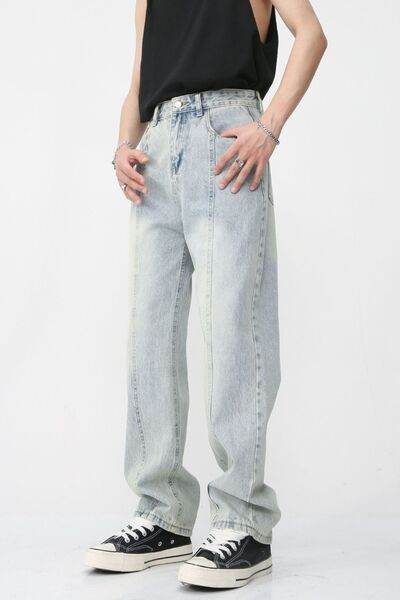 Men's Washed Splicing Straight Leg Jeans - Hovatok