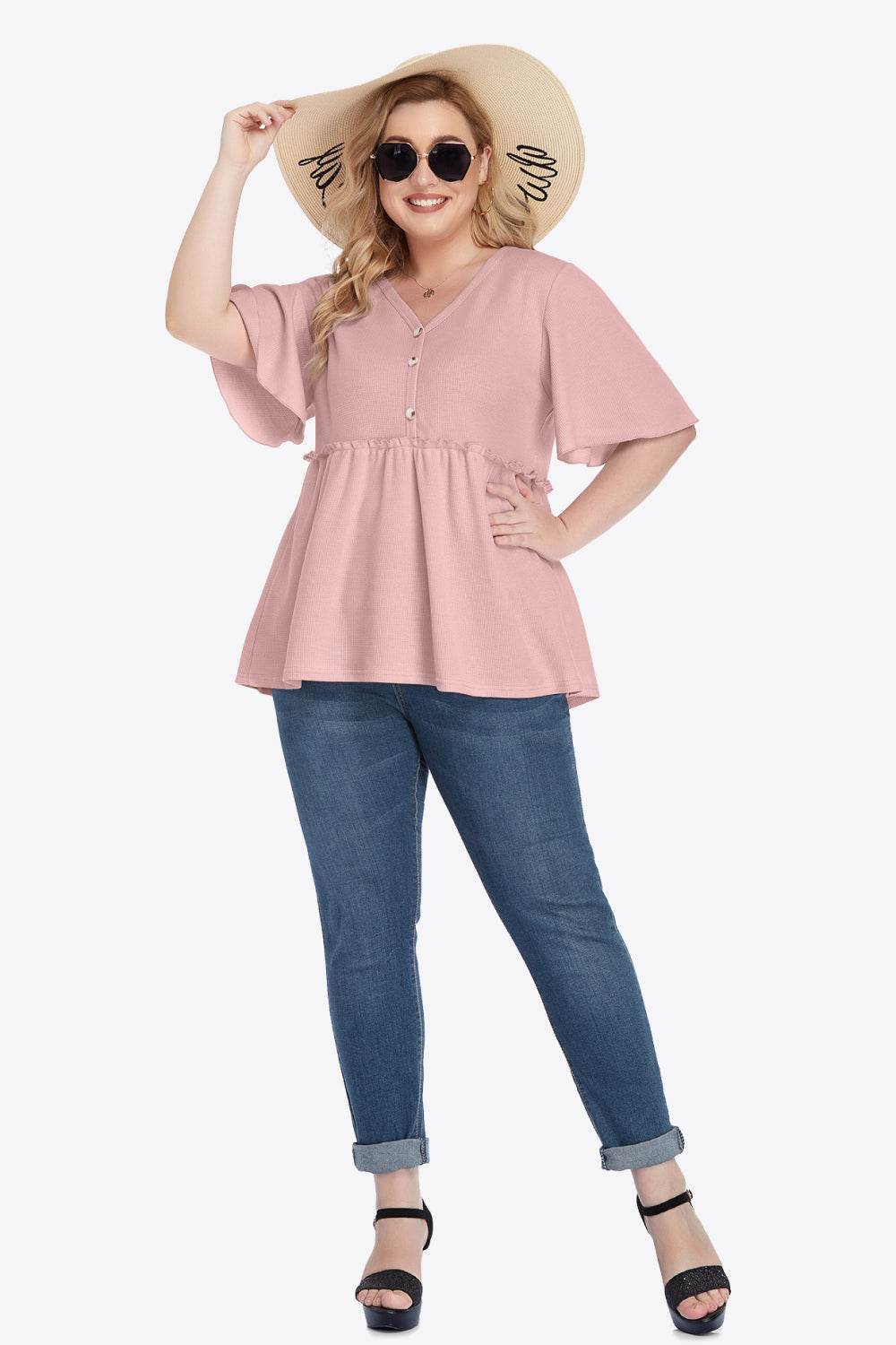 Plus Size Buttoned V-Neck Frill Trim Babydoll Blouse - Hovatok